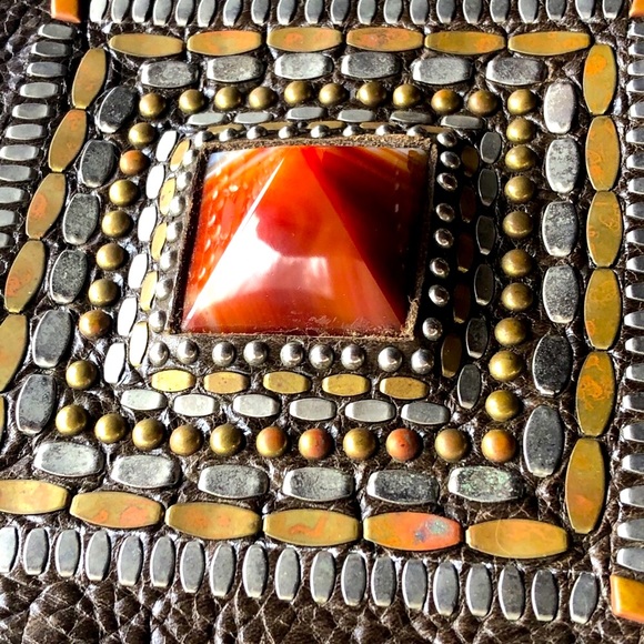 Calleen Cordero Joyti Metallic Khaki Messenger Bag with Carnelian Stone Studs - Picture 2 of 15